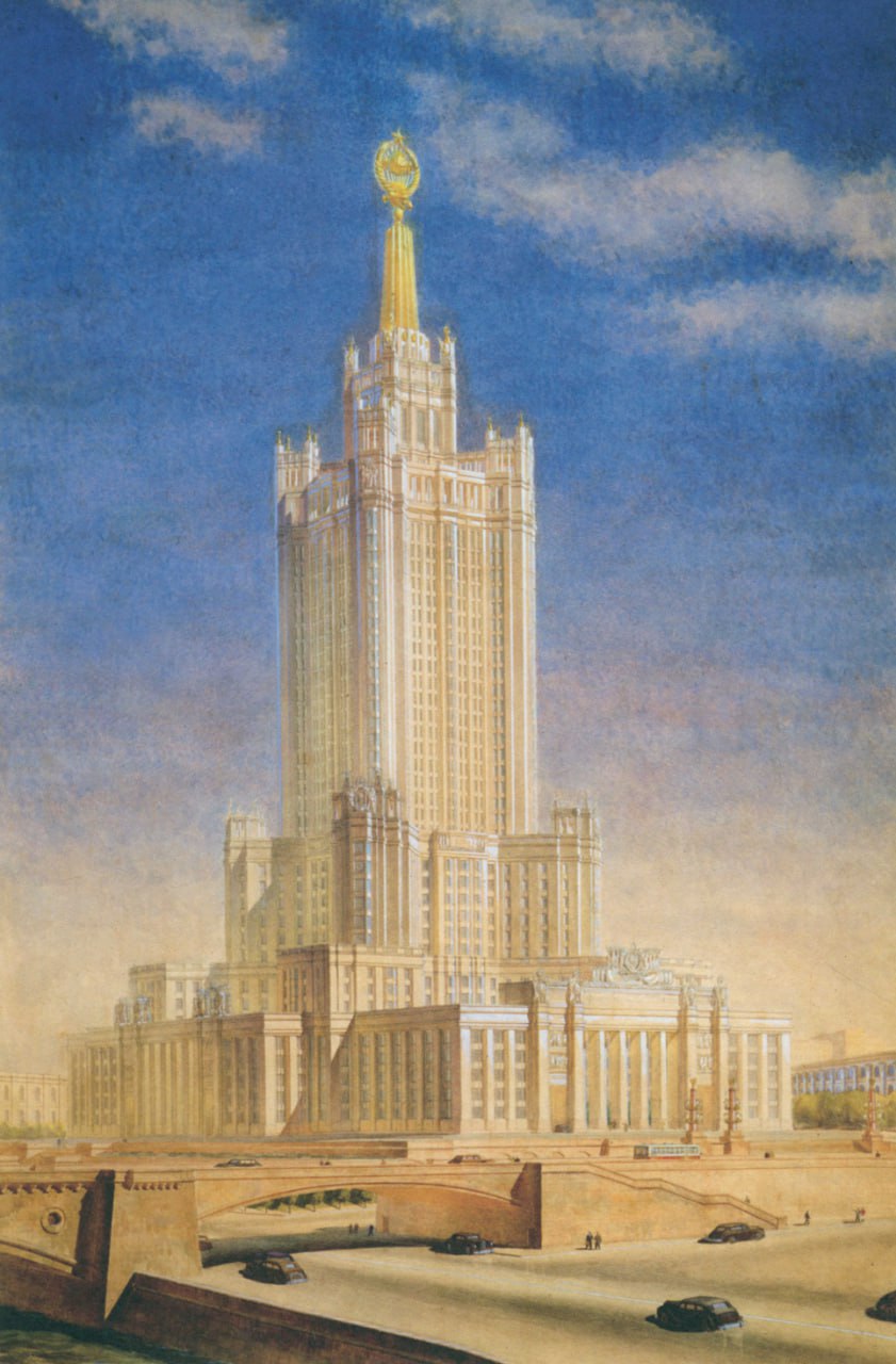 Перспектива административного здания в Зарядье. Архитектор Д. Н. Чечулин, 1947–1949. Бумага, карандаш, тушь, акварель